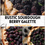 Rustic sourdough blackberry galette topped with juicy blackberries and golden flaky crust on a wooden table.